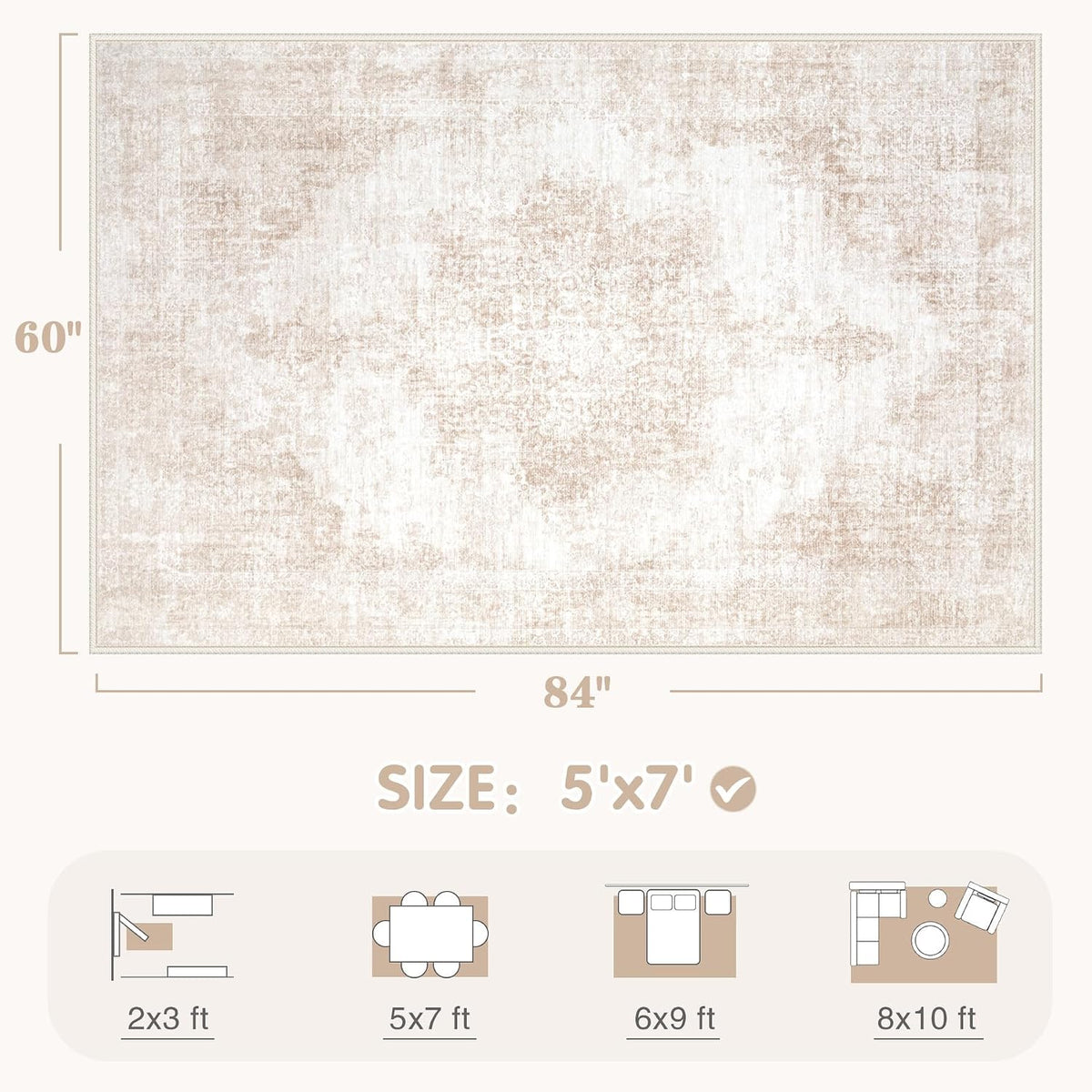 Area Rug 5x7 Vintage Rugs: Washable Living Room Rug Retro Medallion Distressed Large Rug Soft Low Pile Non-Slip Rugs Indoor Floor Carpet for Bedroom Kitchen Nursery Dining Table Office (Beige/Brown)