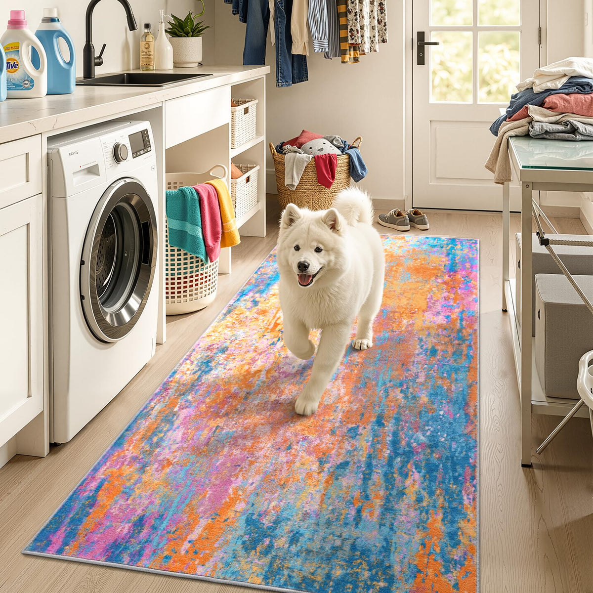 Living Room Rug 5x7 Gray Area Rug Machine Washable Boho Rug Non Slip Abstract Vintage Indoor Large Rugs for Bedroom, Classroom, College Dorm, Farmhouse, Dining Room, Kids Playroom