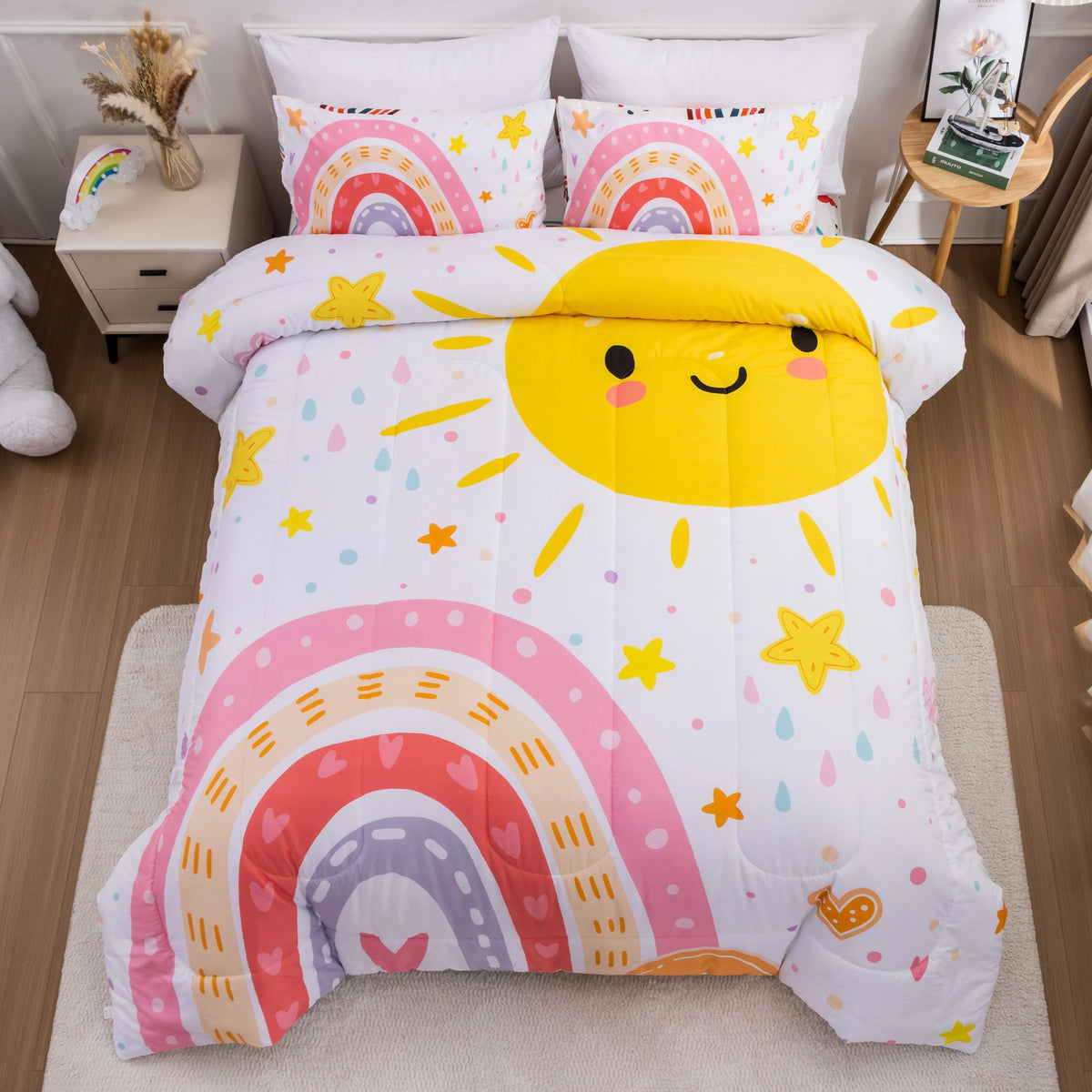Btargot Lightweight Soft 3 Piece Rainbow Comforter Set with 2 Pillow Covers, Cartoon Love Hearts Flowers and Grass Bedding Set for Girls Boys Kids, Full Multi-Color