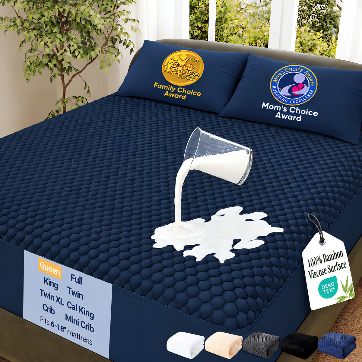 OhGeni Waterproof Mattress Protector,Twin Size Soft Bamboo Viscose Top Layer Pad,3D-Air Fabric Cooling Breathable Fitted Sheets, Washable Bed Cover for Kids Toddler Bedwetting Over 99 Count Hex Bumps