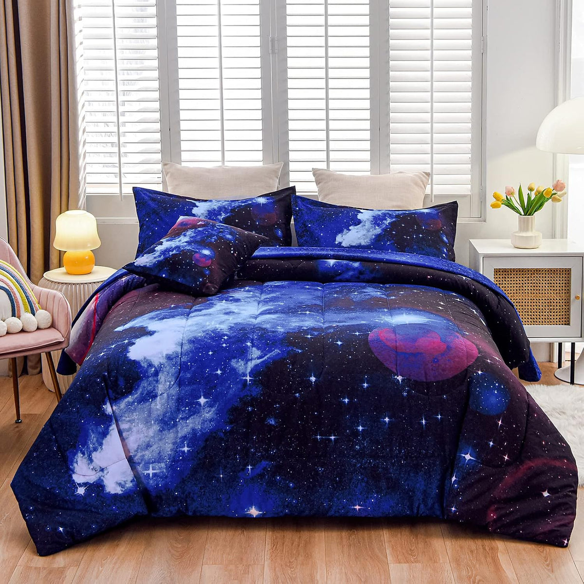 A Nice Night 3D Galaxy 6Pcs Twin Kids Bedding Outer Space Comforter Set