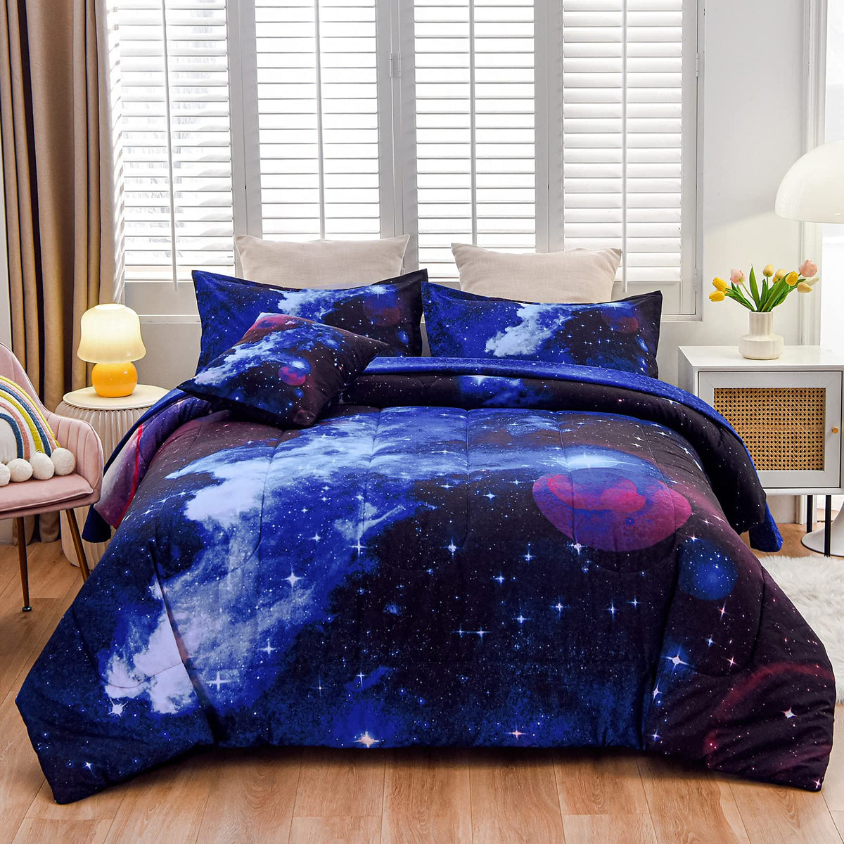 A Nice Night 3D Galaxy 6Pcs Twin Kids Bedding Outer Space Comforter Set