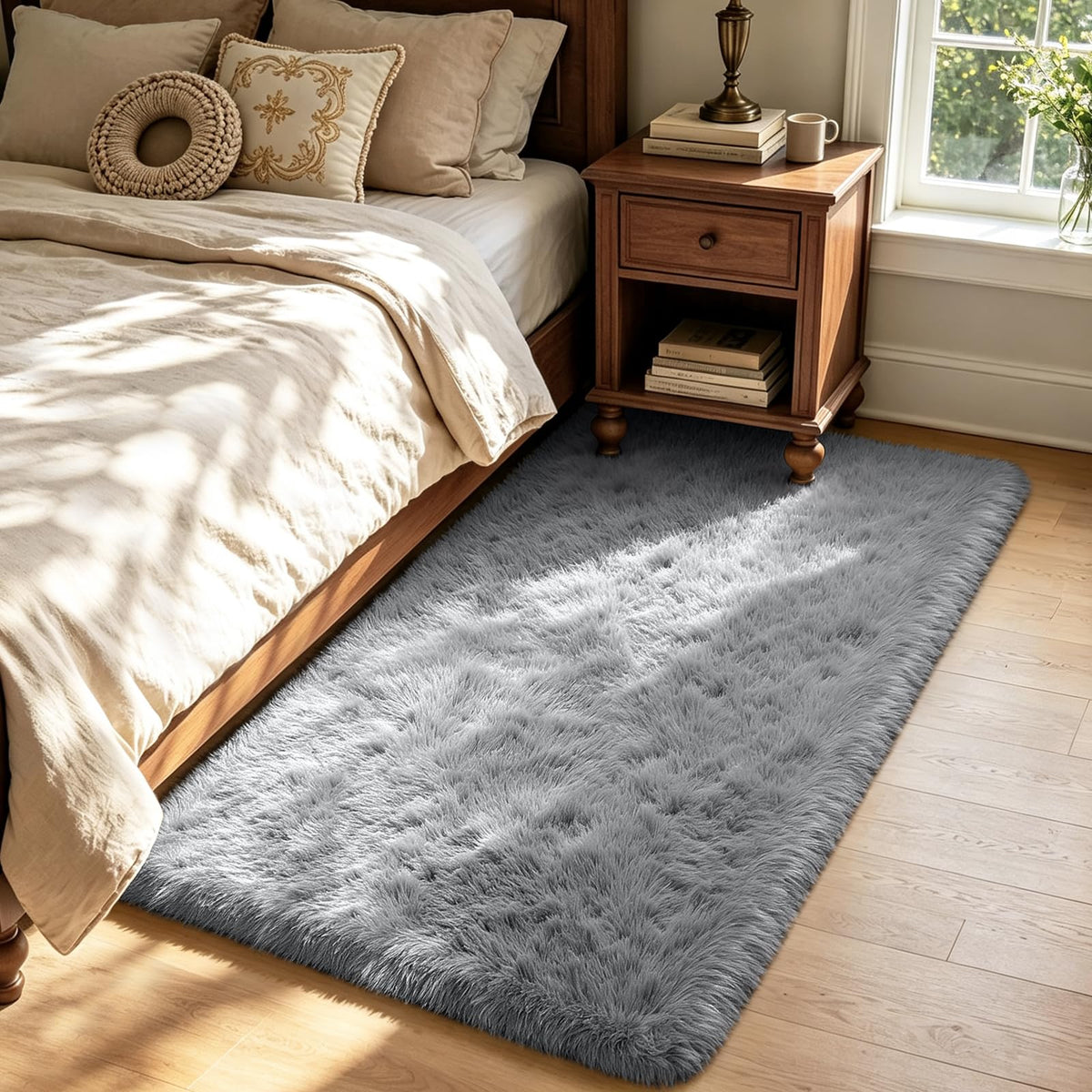 4x6 Beige Rug for Bedroom, Fluffy Shag Area Rug Small Rug Bedroom Carpet