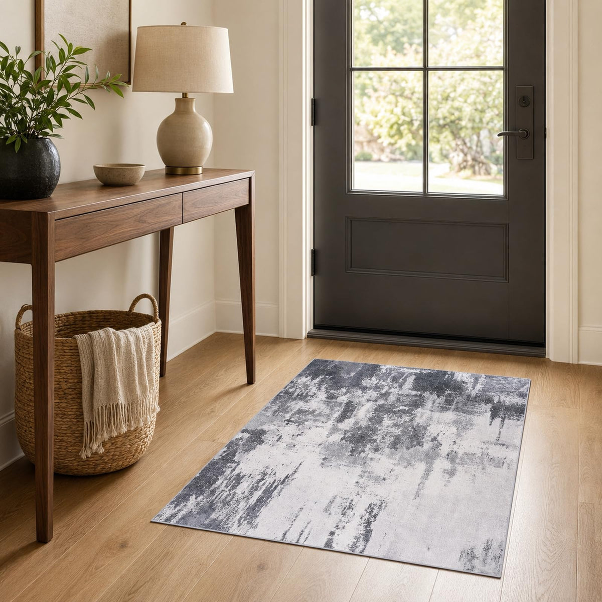 Living Room Rug 5x7 Gray Area Rug Machine Washable Boho Rug Non Slip Abstract Vintage Indoor Large Rugs for Bedroom, Classroom, College Dorm, Farmhouse, Dining Room, Kids Playroom