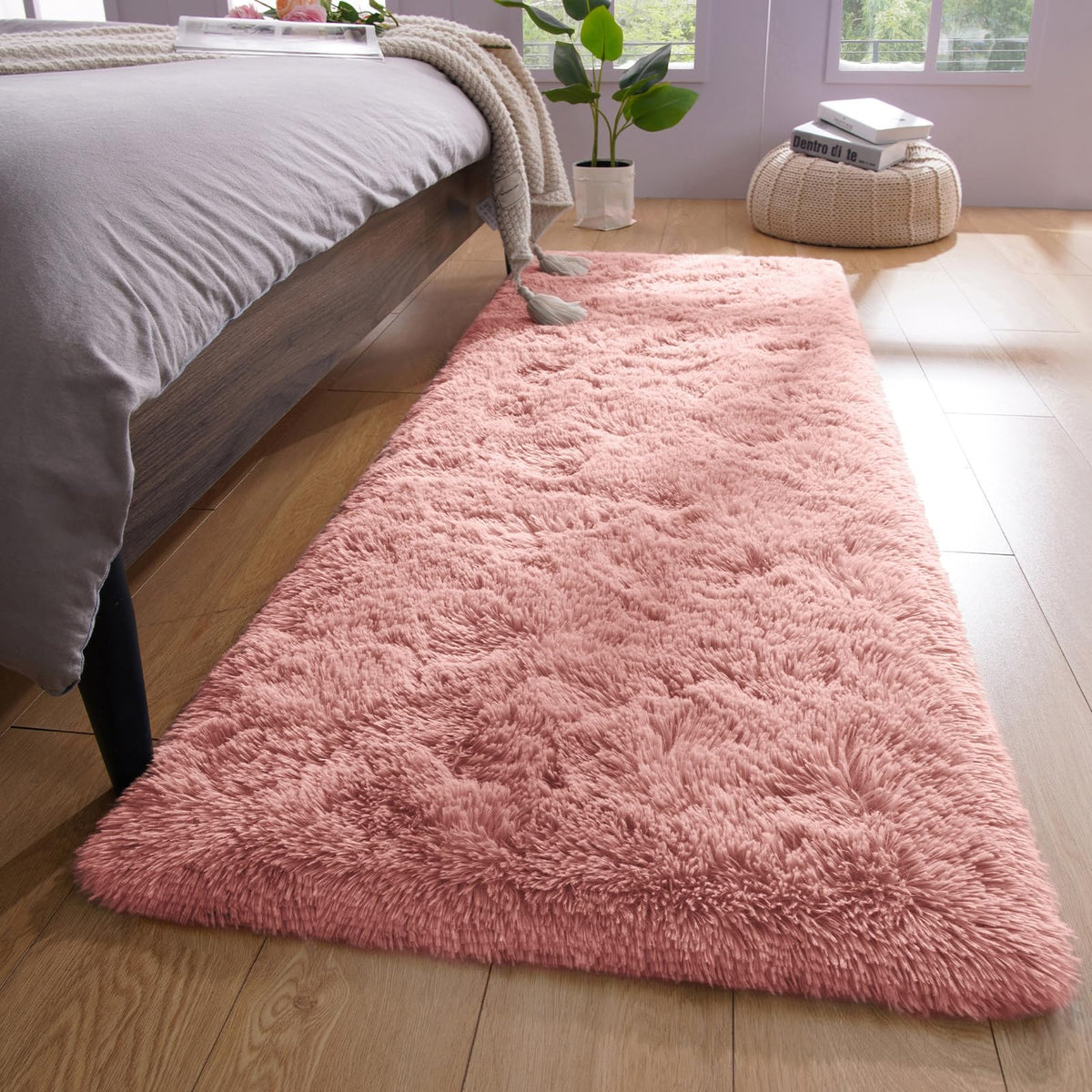 YJ.GWL Shag Runner Rug Non Slip for Bedroom Living Room Soft Small Rugs for Dorm, 2x6 Feet Grey Plush Carpet Runner for Nursery Dorm, Fuzzy Bedside Rug for Kids Boys Girls Room Home Decor