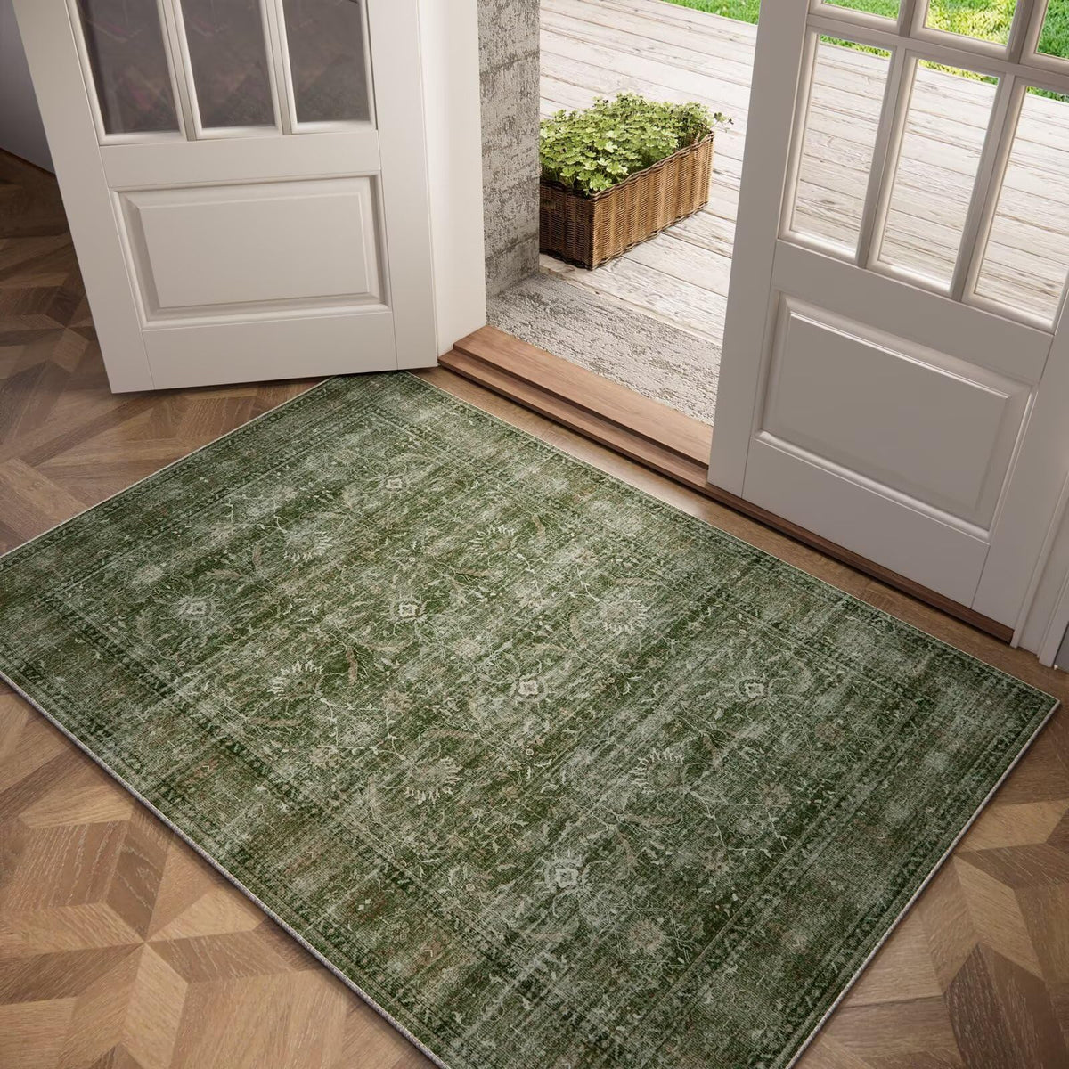 Washable 10x14 Area Rugs for Living Room, Ivory/Sage Gold