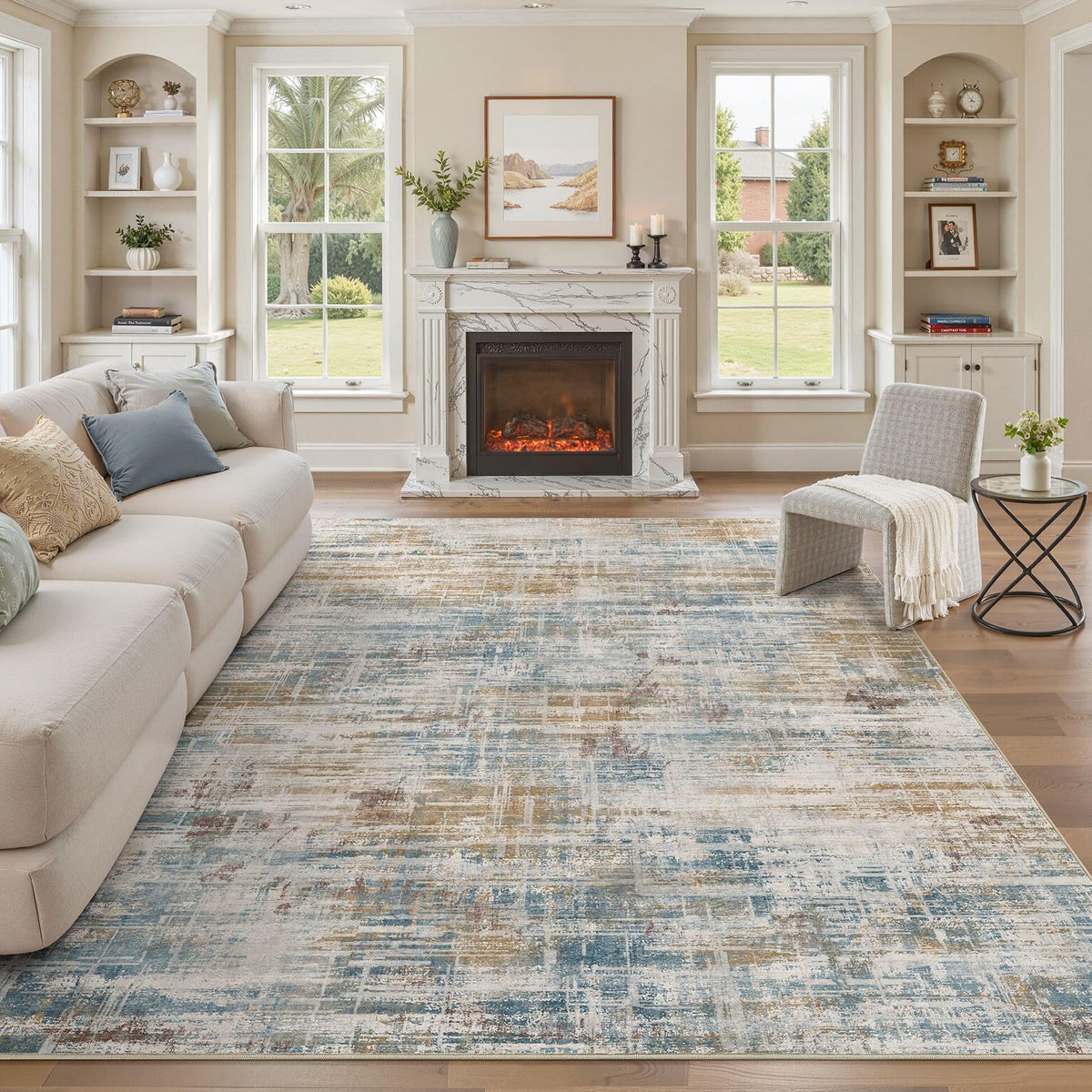 UERMEI 6x9 Area Rug for Living Room Washable Abstract Blue Brown Carpet