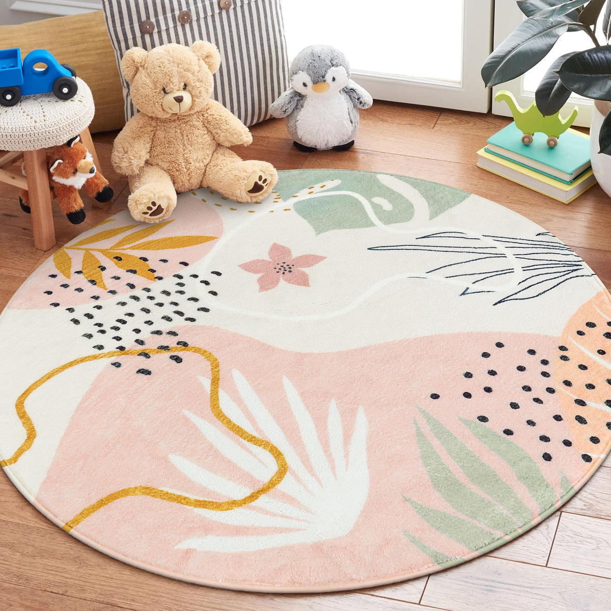 Lahome Pink Boho Nursery Rug 4x6, Washable Non Slip Soft Botanical Area Rug for Girls Bedroom Kids Room Playroom Dorm Apartment Decor