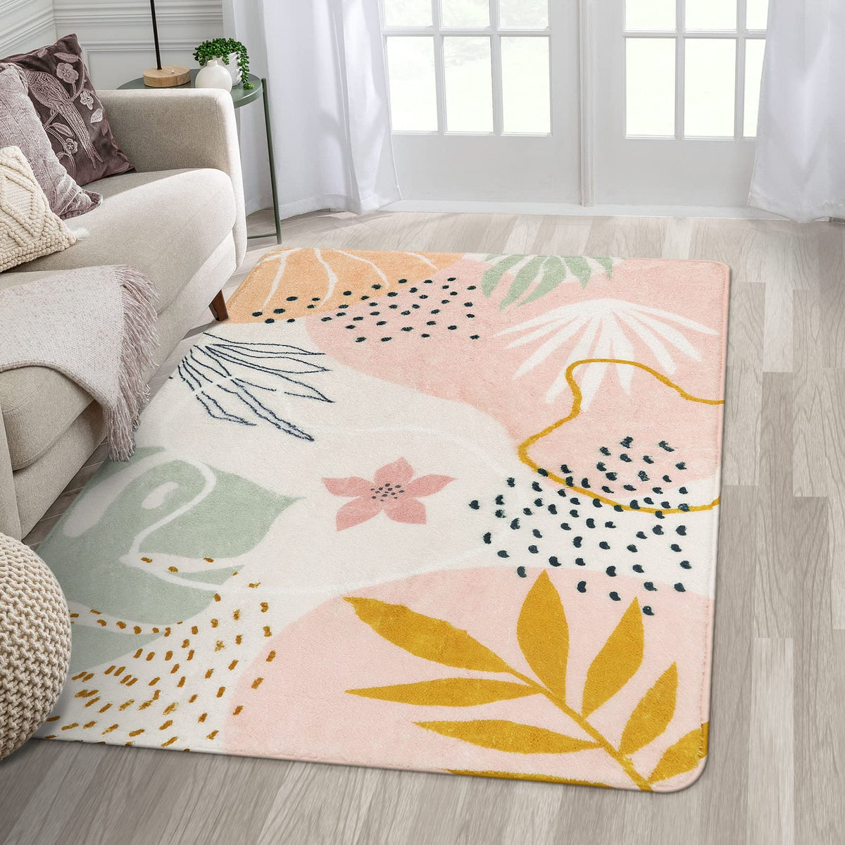 Lahome Pink Boho Nursery Rug 4x6, Washable Non Slip Soft Botanical Area Rug for Girls Bedroom Kids Room Playroom Dorm Apartment Decor
