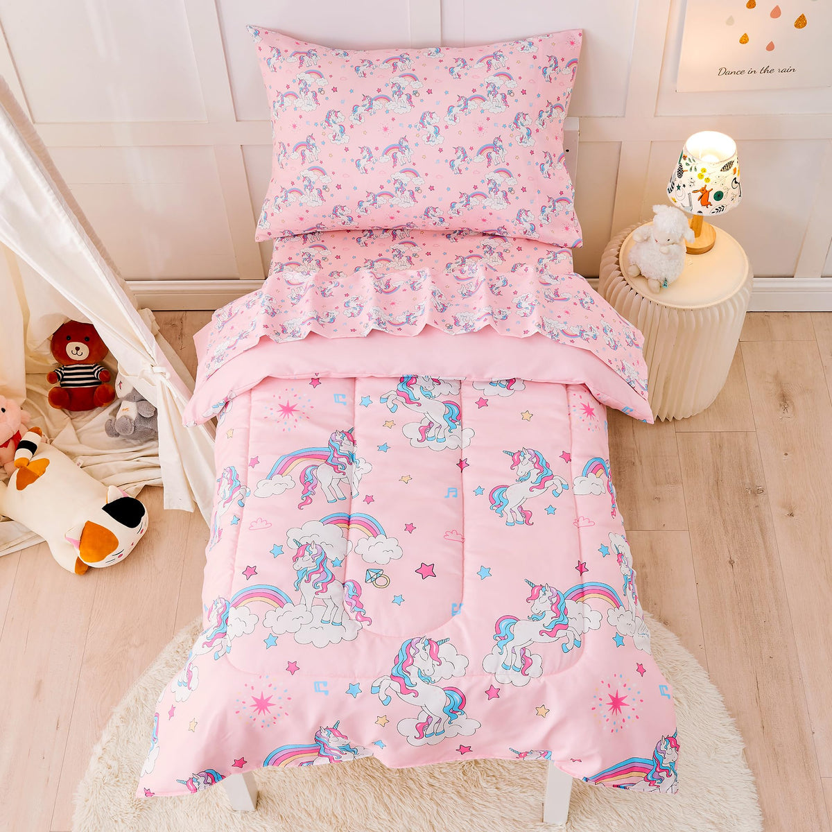 lasoftan Butterfly Toddler Bedding Set for Girls, 4 Piece Bed-in-a-Bag Toddler Comforter Sets, Super Soft Comforter Sheet Set and Comfortable Microfiber Toddler Bed Set
