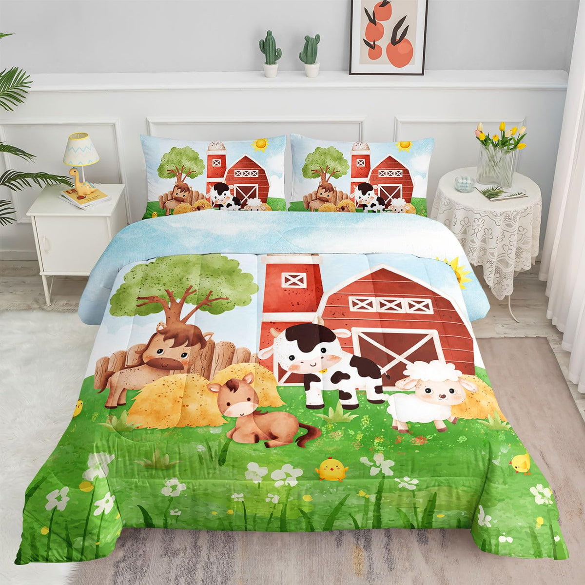 Kids Comforter Set Farm Theme Printed Pattern Bedding Set with 1 Comforter and 2 Pillowcases for Girls Boys Bedroom All Season(Farm Theme01 Twin)