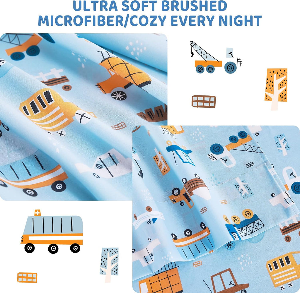 Viviland 3 Pieces Boys Blue Truck Twin Sheet Set - Soft Microfiber Fitted Flat Sheets & Pillowcase - Construction Truck Bedding Sets - for Kids & Toddlers