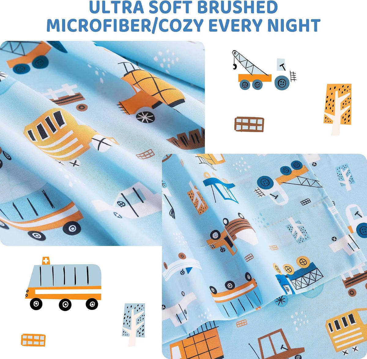 Viviland 3 Pieces Boys Blue Truck Twin Sheet Set - Soft Microfiber Fitted Flat Sheets & Pillowcase - Construction Truck Bedding Sets - for Kids & Toddlers
