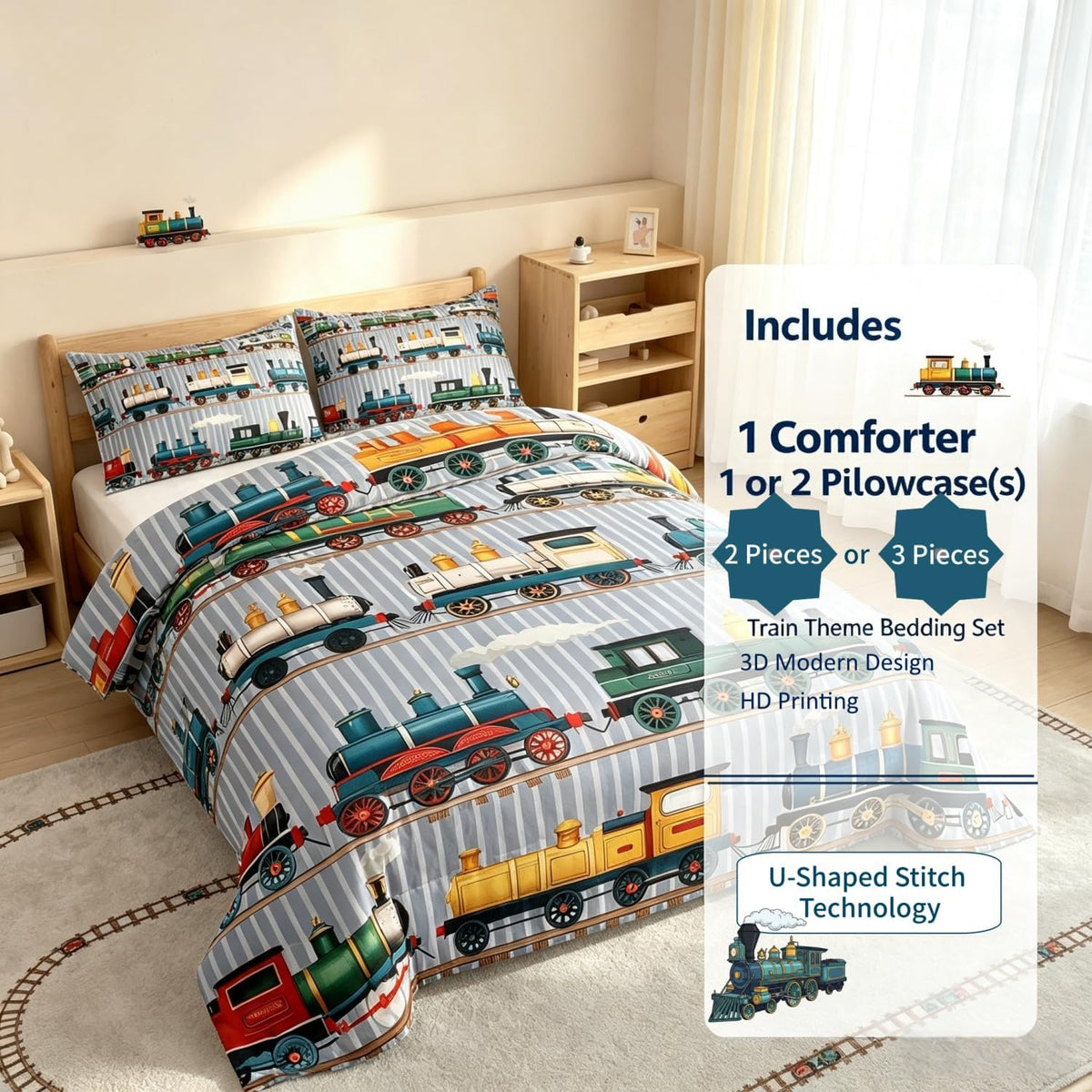 Erosebridal Cartoon Train Comforter Set Twin Kids Bedding for Boys Girls