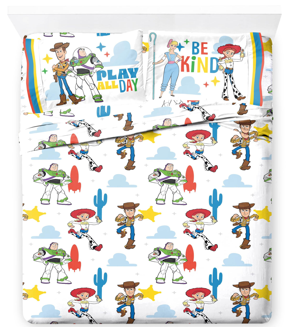 Jay Franco Kids Sheet Cartoon Set with Fitted, Flat Sheets & Pillow Cover - Ultra-Soft Bedding with Pillowcase for Room Decor, White - Toy Story, 4 Piece Queen