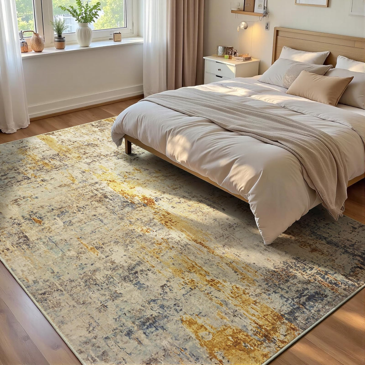 Living Room Rug 5x7 Gray Area Rug Machine Washable Boho Rug Non Slip Abstract Vintage Indoor Large Rugs for Bedroom, Classroom, College Dorm, Farmhouse, Dining Room, Kids Playroom