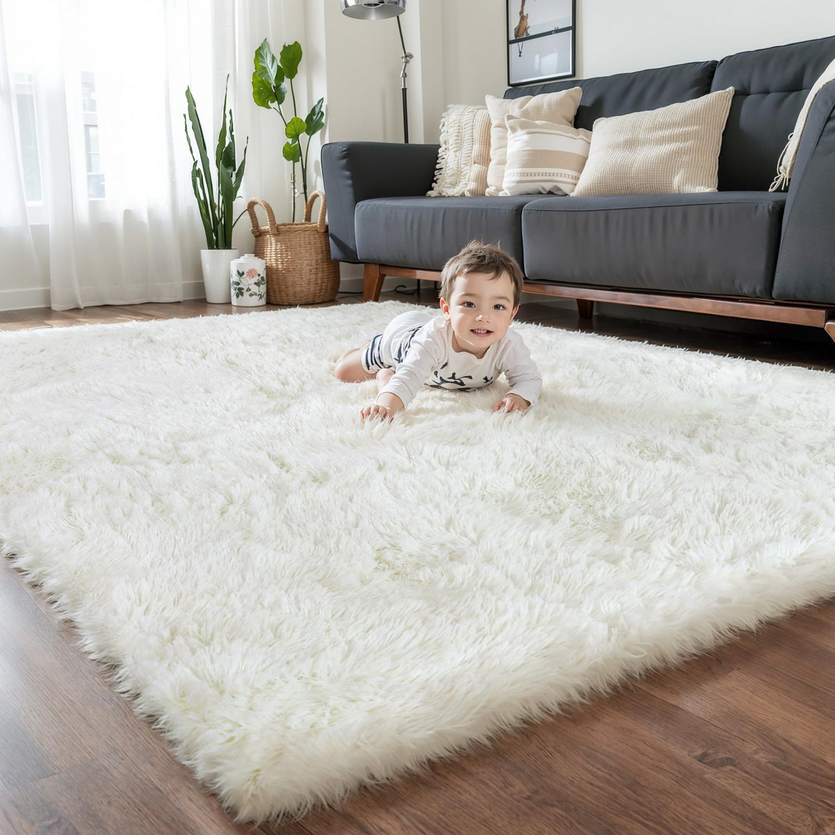 4x6 Light Grey Fluffy Shag Rug for Bedroom, Plush Washable Carpet