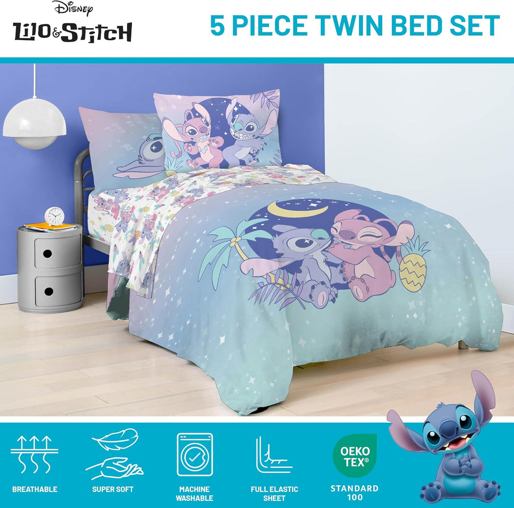 Disney Lilo & Stitch Twin Comforter Set, 5 Pc Bed in a Bag, Reversible