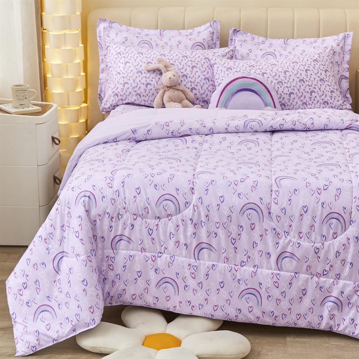 Mooreeke Full Size Comforter Sets for Girls Kids, 8 Pieces Bed in a Bag Pink Heart Bedding Comforter Sheet Set with Shams and Decorative Toy Pillow, Ultral Soft Microfiber Kids Bed Set