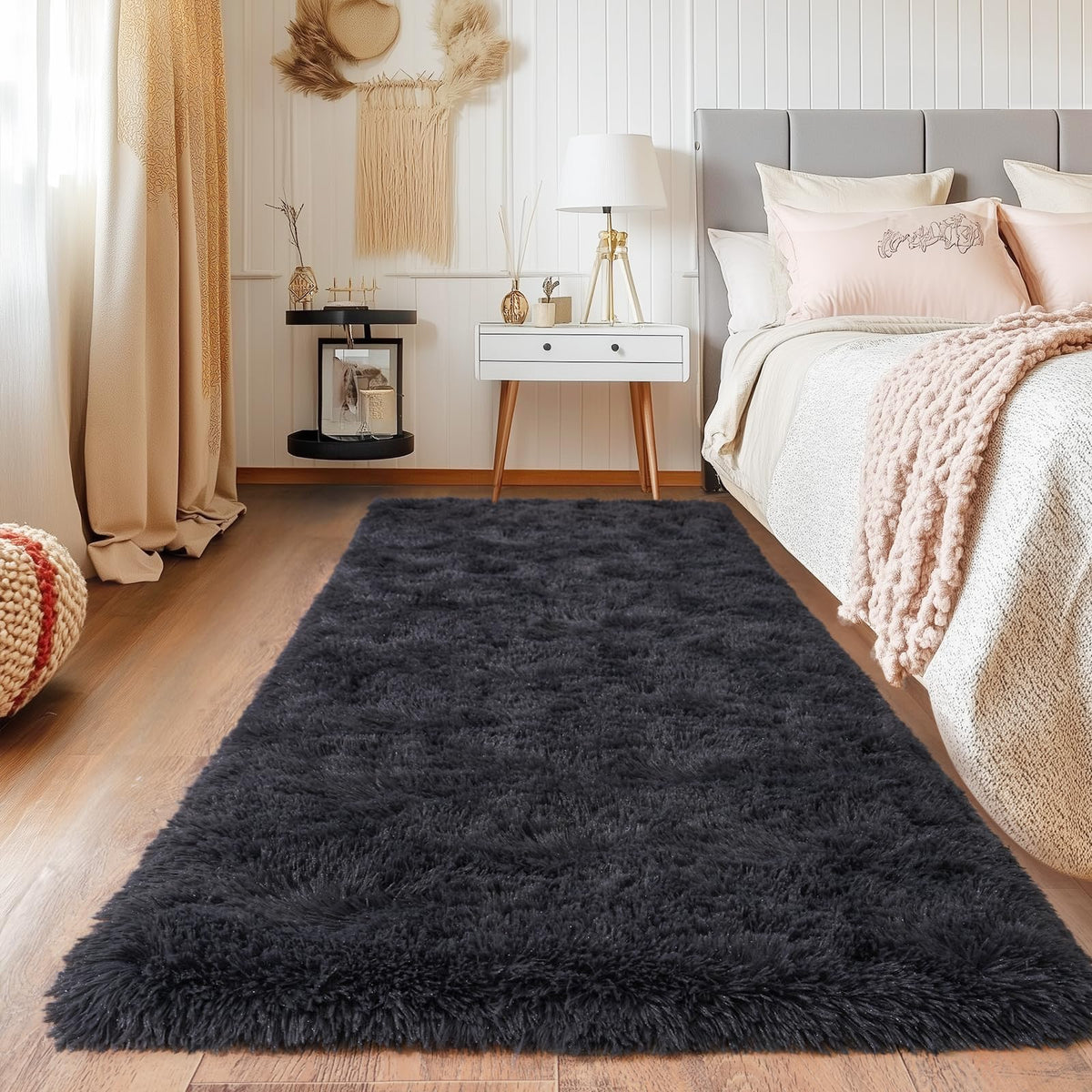 Black Rug for Bedroom, Soft Shaggy Modern Shag 4x6 Area Rugs for Living Room, Upgrade Non-Slip Plush Fluffy Carpet for Kids Boys Girls Room Dorm Home Decor Aesthetic