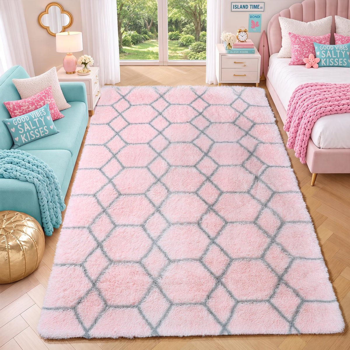 Area Rugs for Bedroom Living Room, 4x6 Fluffy Grey and Black Geometric Rug