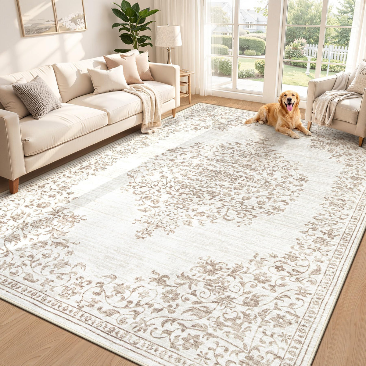 Area Rug 5x7 Vintage Rug: Washable Indoor Medallion Rugs Low Pile Distressed Floor Carpet Retro Accent Rug for Living Room Bedroom Kitchen Dining Table Home Office(Beige, 5'x7')