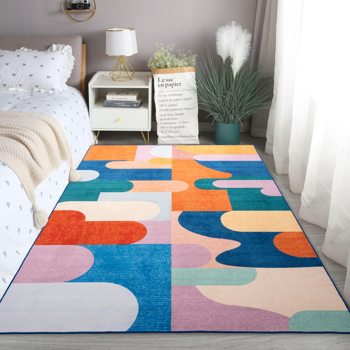 Living Room Rug 5x7 Gray Area Rug Machine Washable Boho Rug Non Slip Abstract Vintage Indoor Large Rugs for Bedroom, Classroom, College Dorm, Farmhouse, Dining Room, Kids Playroom