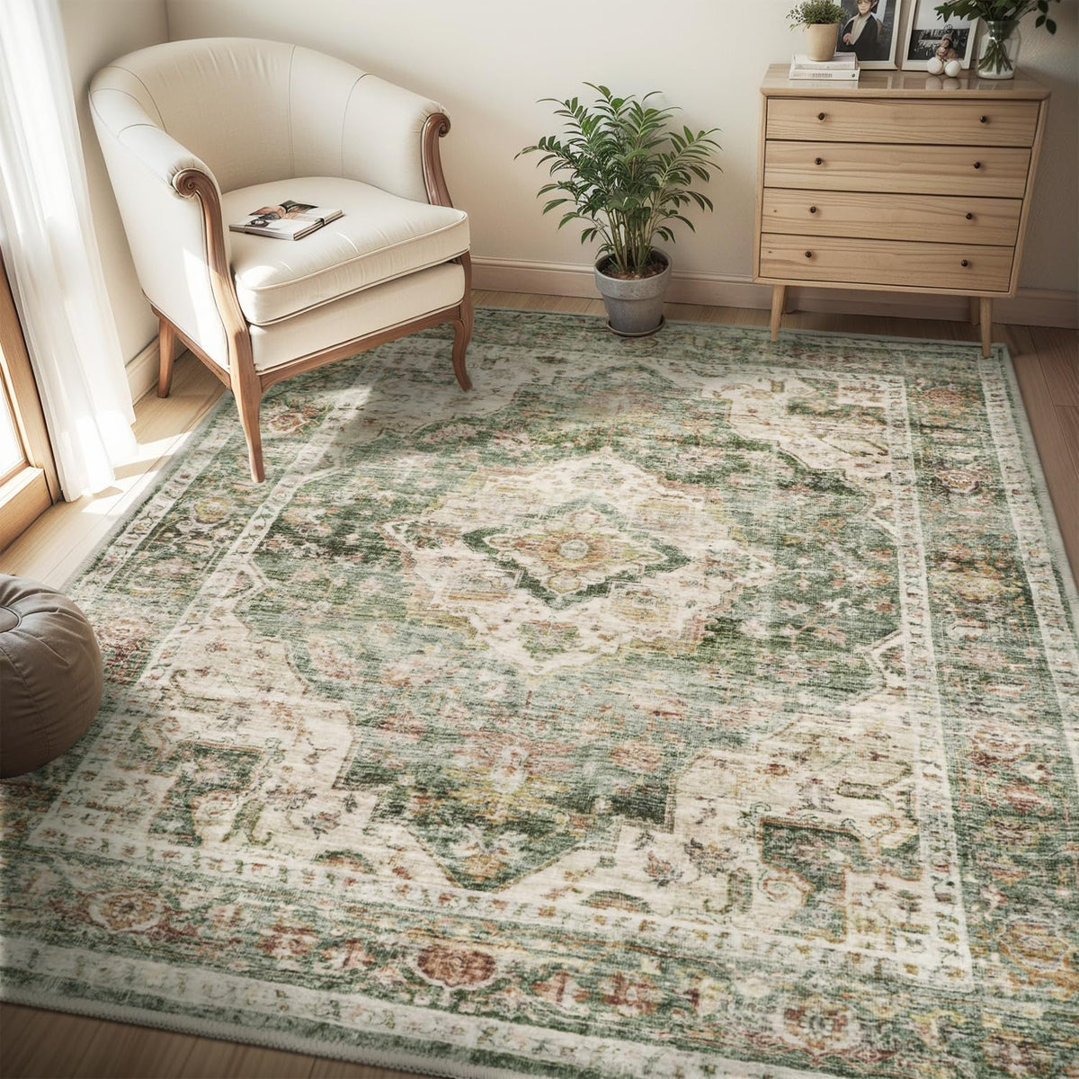AMOAMI-Area Rug 5X7 Rugs for Living Room-Vintage Soft Beige Rugs for Bedroom-Non Slip Carpet-Machine Washable Rug for Dining Room Living Room Bedroom Office Under Table-Beige