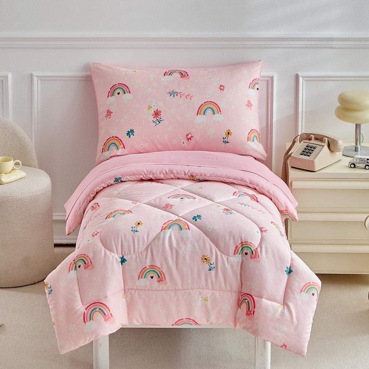 DuShow Floral 4 Piece Girls Toddler Bed Comforter Set Pink Flower Reversible Toddler Bedding Set Soft Baby Crib Bed Sheets Set in a Bag | Include Quilt Comforter,Flat Sheet,Fitted Sheet,Pillowcase