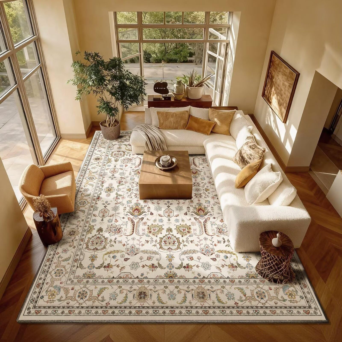 Washable 10x14 Area Rugs for Living Room, Ivory/Sage Gold