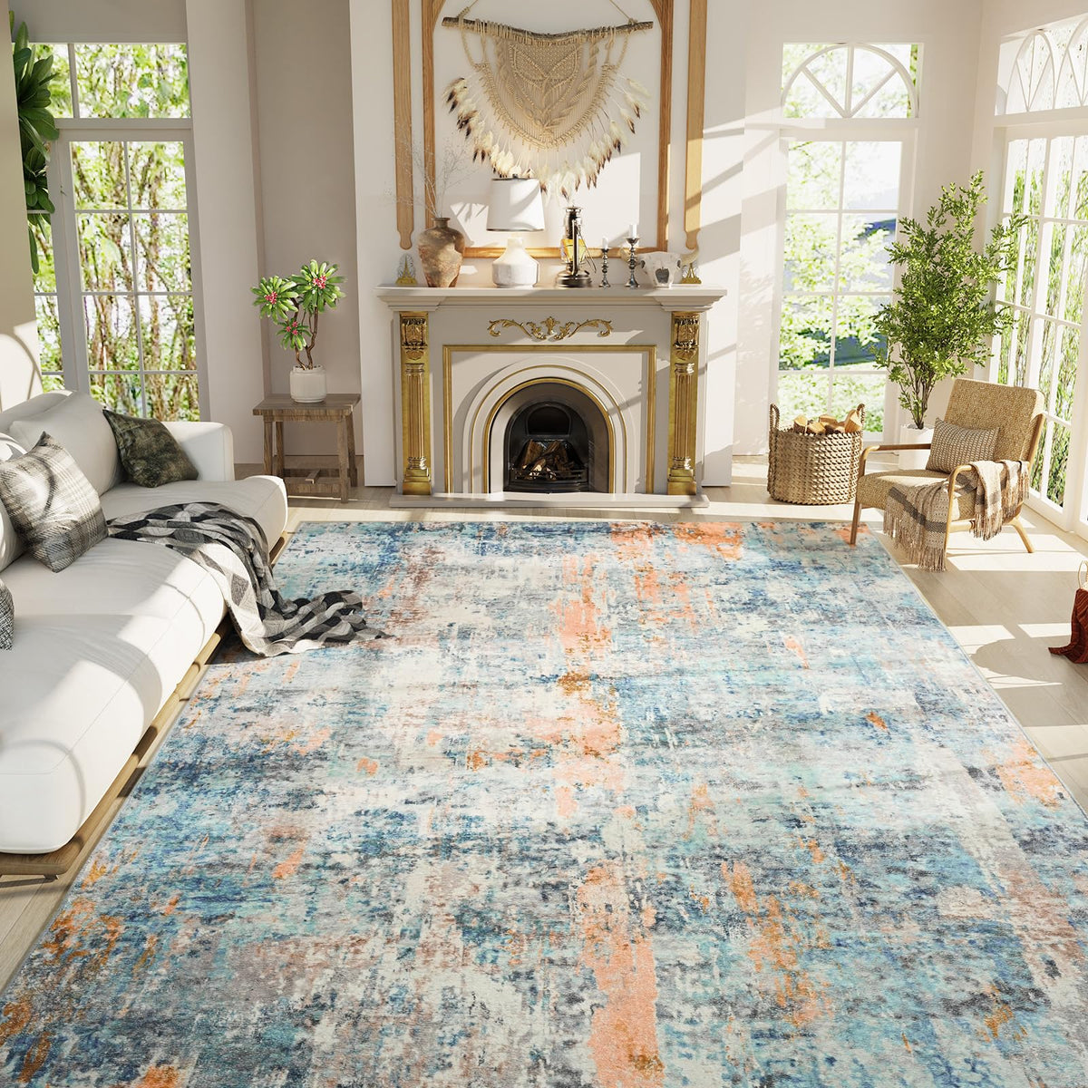Living Room Rug 5x7 Gray Area Rug Machine Washable Boho Rug Non Slip Abstract Vintage Indoor Large Rugs for Bedroom, Classroom, College Dorm, Farmhouse, Dining Room, Kids Playroom