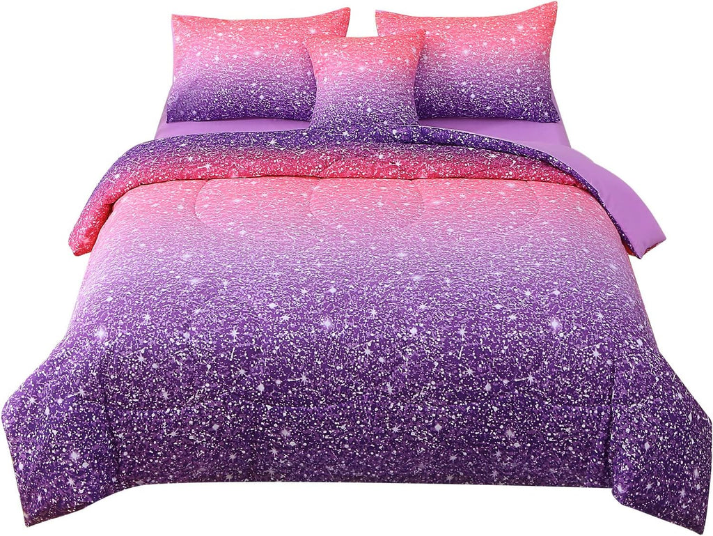 JQinHome Twin Pink Purple Comforter Set, 6 Piece Bed in A Bag 3D Colorful Bedding Set for Girls Kids (1 Comforter,2 Pillowcases,1 Flat Sheet,1 Fitted Sheet,1 Cushion Cover)(Pink Purple)