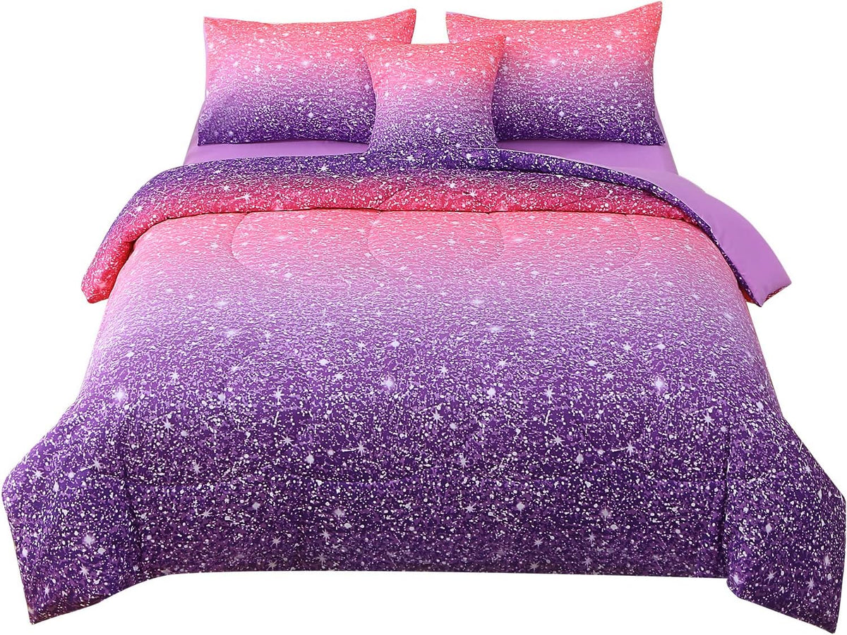JQinHome Twin Pink Purple Comforter Set, 6 Piece Bed in A Bag 3D Colorful Bedding Set for Girls Kids (1 Comforter,2 Pillowcases,1 Flat Sheet,1 Fitted Sheet,1 Cushion Cover)(Pink Purple)
