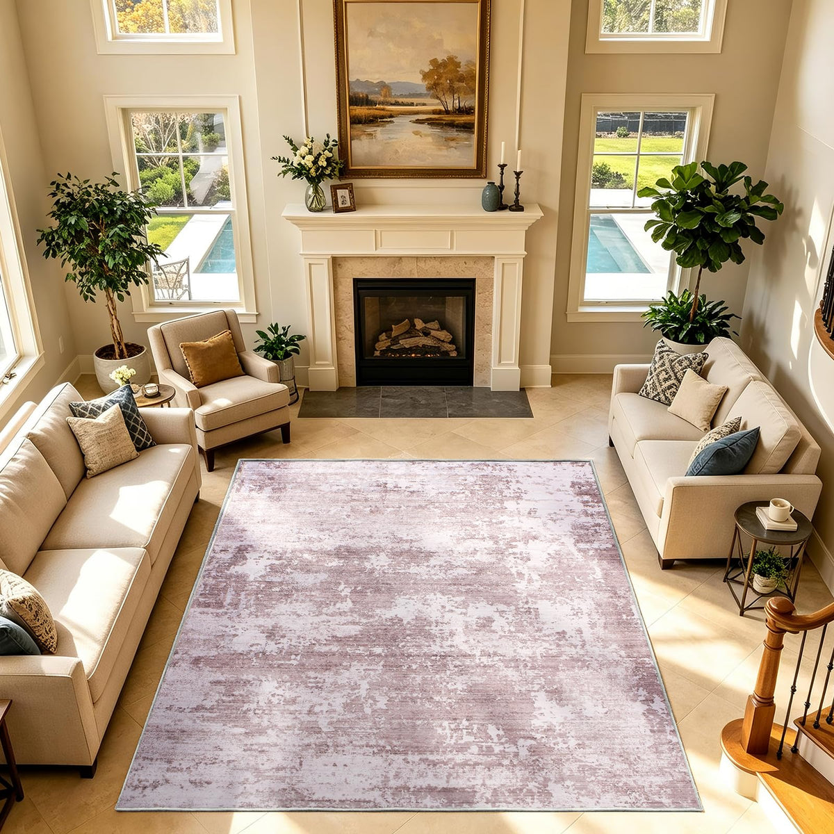 5x7 Area Rugs Living Room Rug Abstract Washable Rug Non-Slip Soft Low Pile Indoor Floor Stain Resistant Thin Carpet for Bedroom Dining Room Home Office Farmhouse Nursery - Light Gray & Cream 5' x 7'