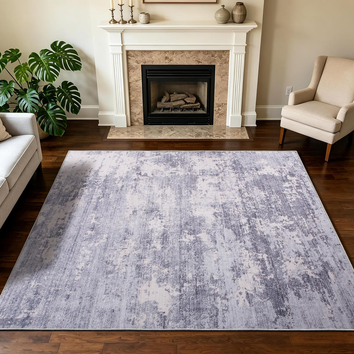5x7 Area Rugs Living Room Rug Abstract Washable Rug Non-Slip Soft Low Pile Indoor Floor Stain Resistant Thin Carpet for Bedroom Dining Room Home Office Farmhouse Nursery - Light Gray & Cream 5' x 7'