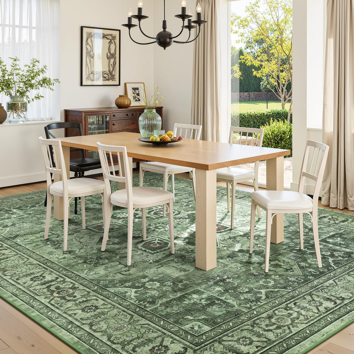 Sage Green 8x10 Area Rug for Living Room, Vintage Boho Large Carpet