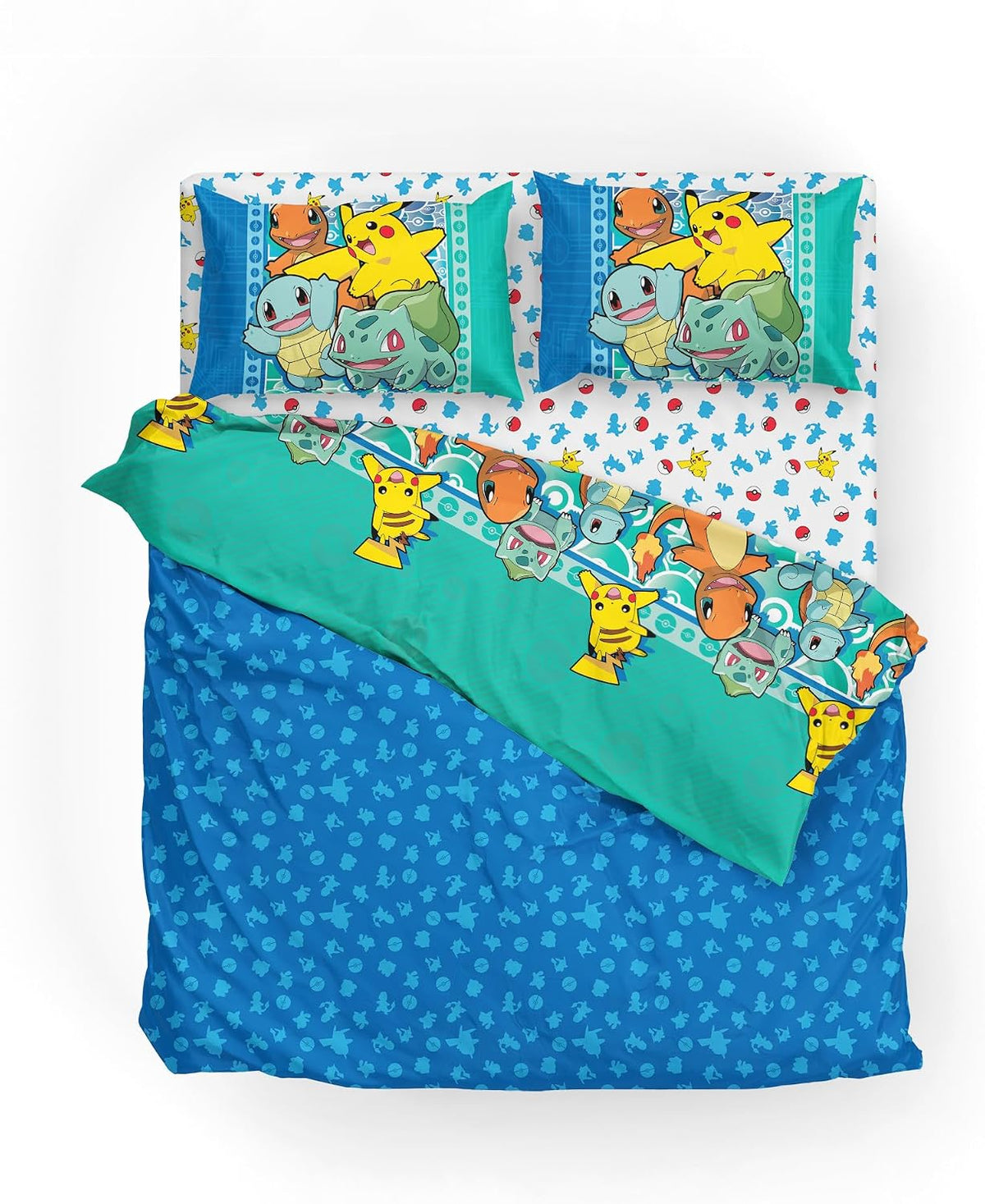 Northwest Pokemon First Starters Full Size Bed in a Bag Set, Pikachu Charmander Squirtle Bulbasaur, Kids Boys Girls Bedding Comforter Sheets