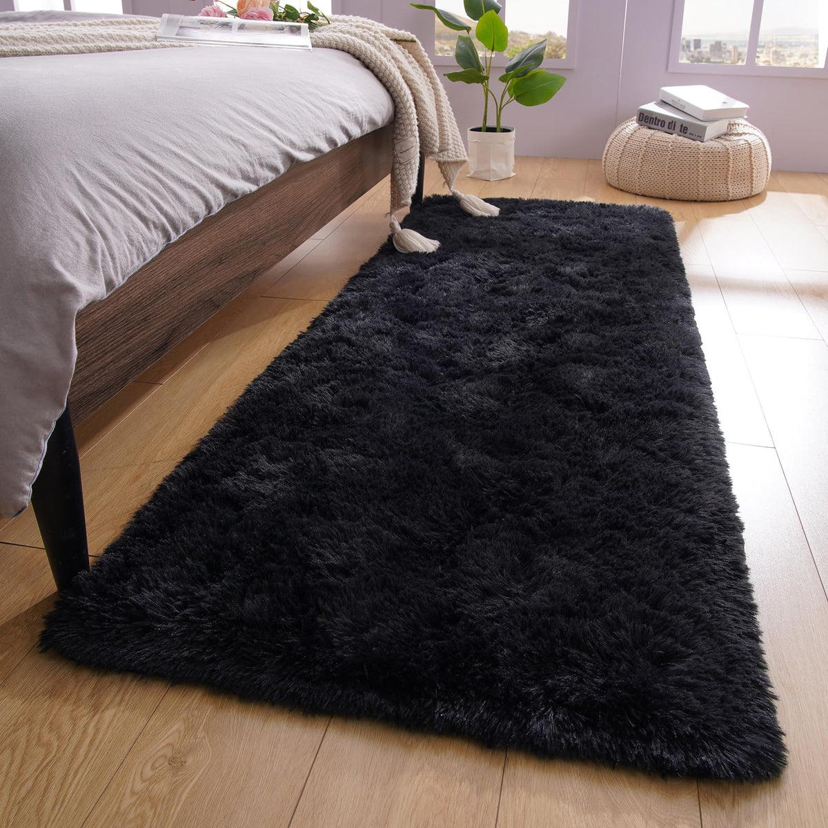 YJ.GWL Shag Runner Rug Non Slip for Bedroom Living Room Soft Small Rugs for Dorm, 2x6 Feet Grey Plush Carpet Runner for Nursery Dorm, Fuzzy Bedside Rug for Kids Boys Girls Room Home Decor