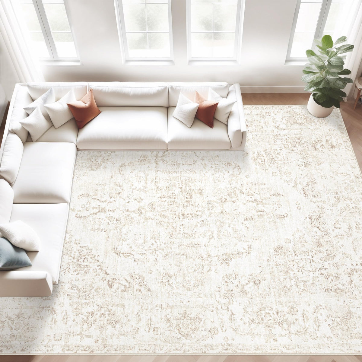 Area Rug 5x7 Vintage Rugs: Washable Living Room Rug Retro Medallion Distressed Large Rug Soft Low Pile Non-Slip Rugs Indoor Floor Carpet for Bedroom Kitchen Nursery Dining Table Office (Beige/Brown)