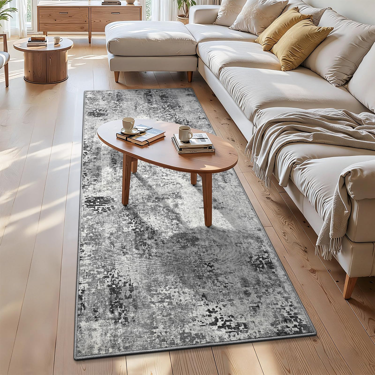 Living Room Rug 5x7 Gray Area Rug Machine Washable Boho Rug Non Slip Abstract Vintage Indoor Large Rugs for Bedroom, Classroom, College Dorm, Farmhouse, Dining Room, Kids Playroom