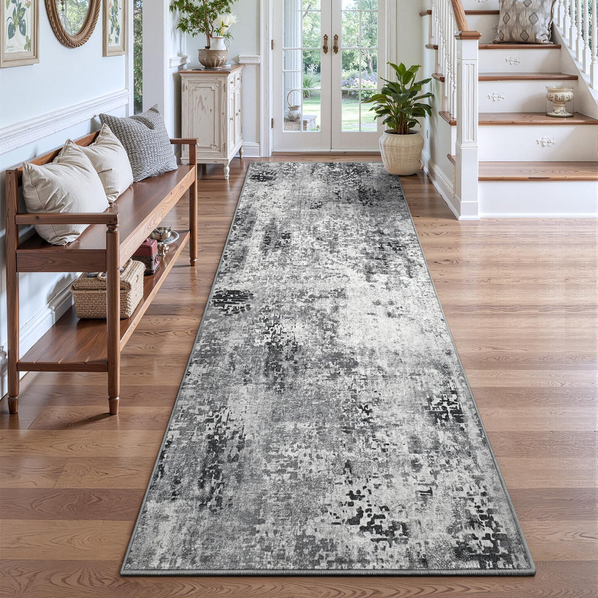 Living Room Rug 5x7 Gray Area Rug Machine Washable Boho Rug Non Slip Abstract Vintage Indoor Large Rugs for Bedroom, Classroom, College Dorm, Farmhouse, Dining Room, Kids Playroom