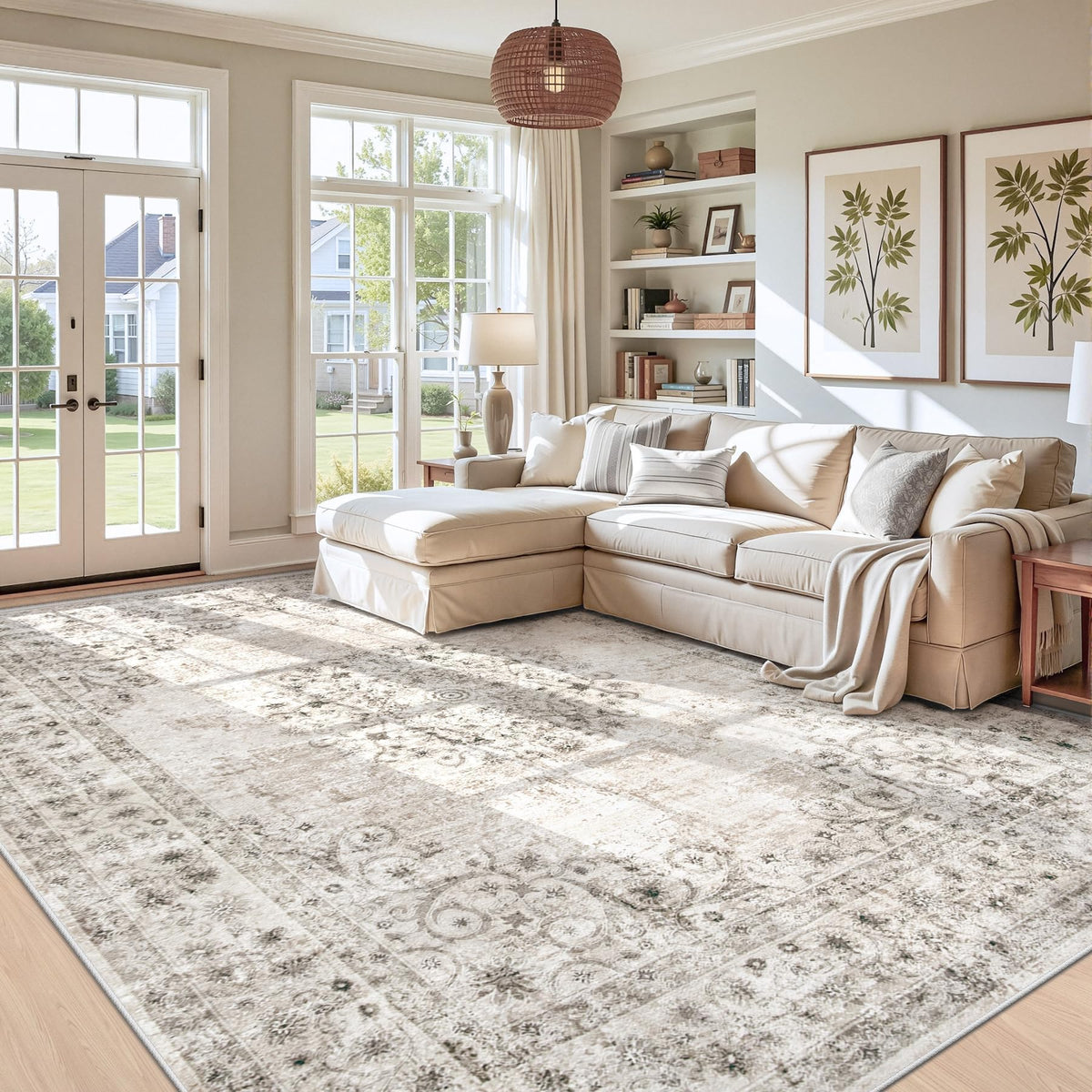 Area Rug 5x7 Vintage Rug: Washable Indoor Medallion Rugs Low Pile Distressed Floor Carpet Retro Accent Rug for Living Room Bedroom Kitchen Dining Table Home Office(Beige, 5'x7')