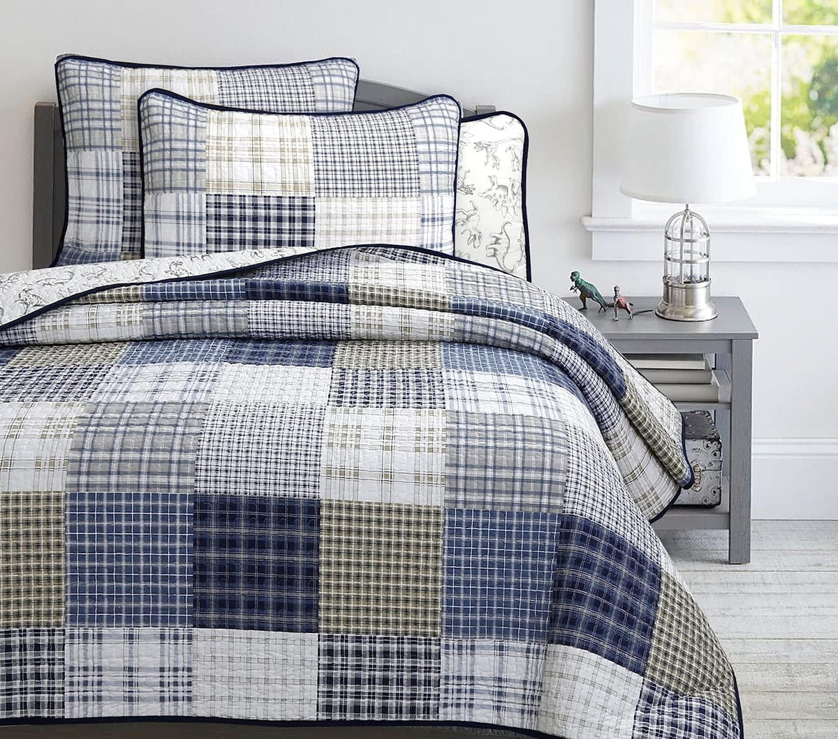 Cozy Line Home Fashions Benjamin Cute Dinosaur Plaid Navy Blue White Grey Bedding Quilt Set 100% Cotton Reversible Coverlet Bedspread Set for Kids Boy(Twin - 2 piece)