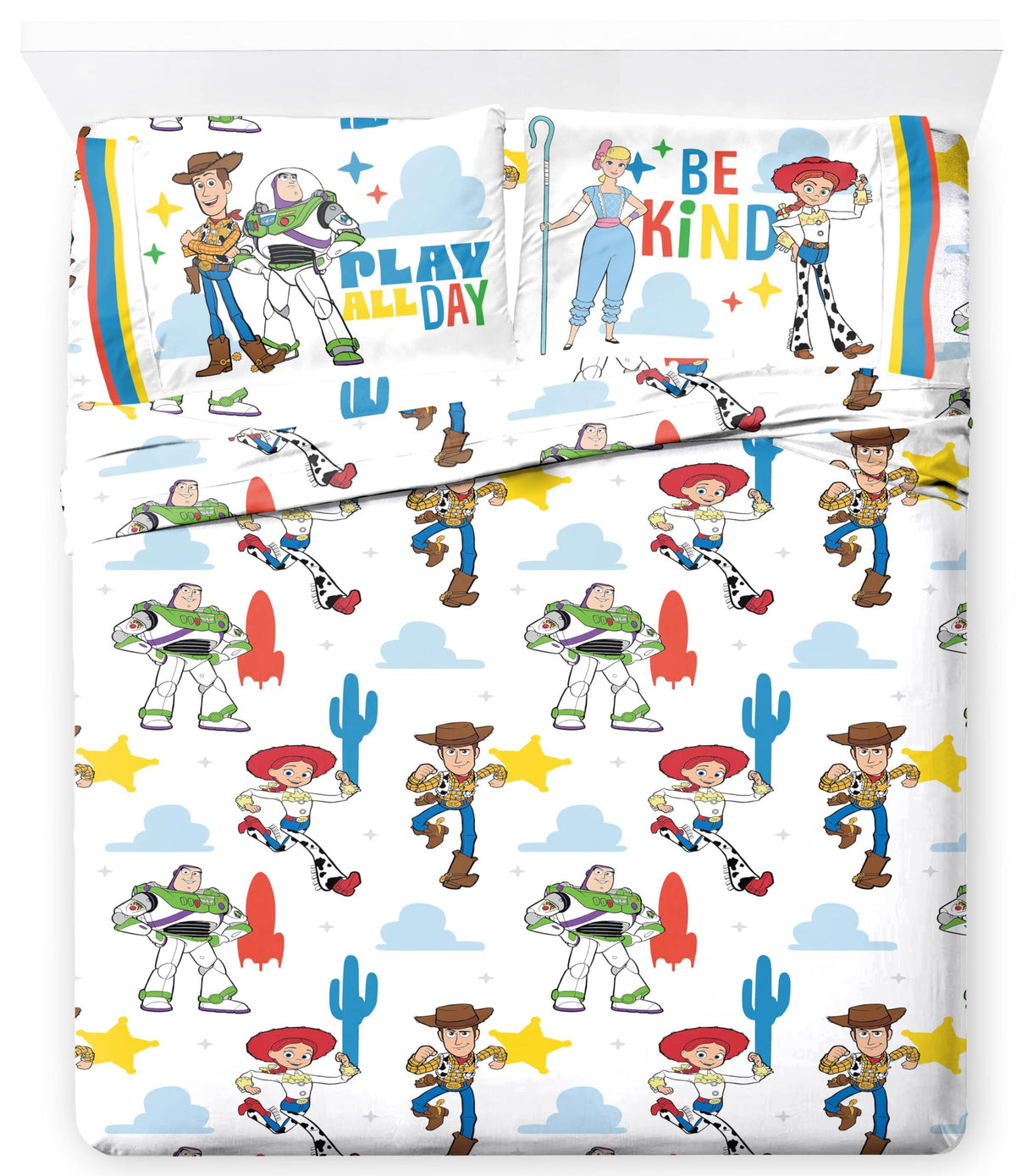 Jay Franco Kids Sheet Cartoon Set with Fitted, Flat Sheets & Pillow Cover - Ultra-Soft Bedding with Pillowcase for Room Decor, White - Toy Story, 4 Piece Queen