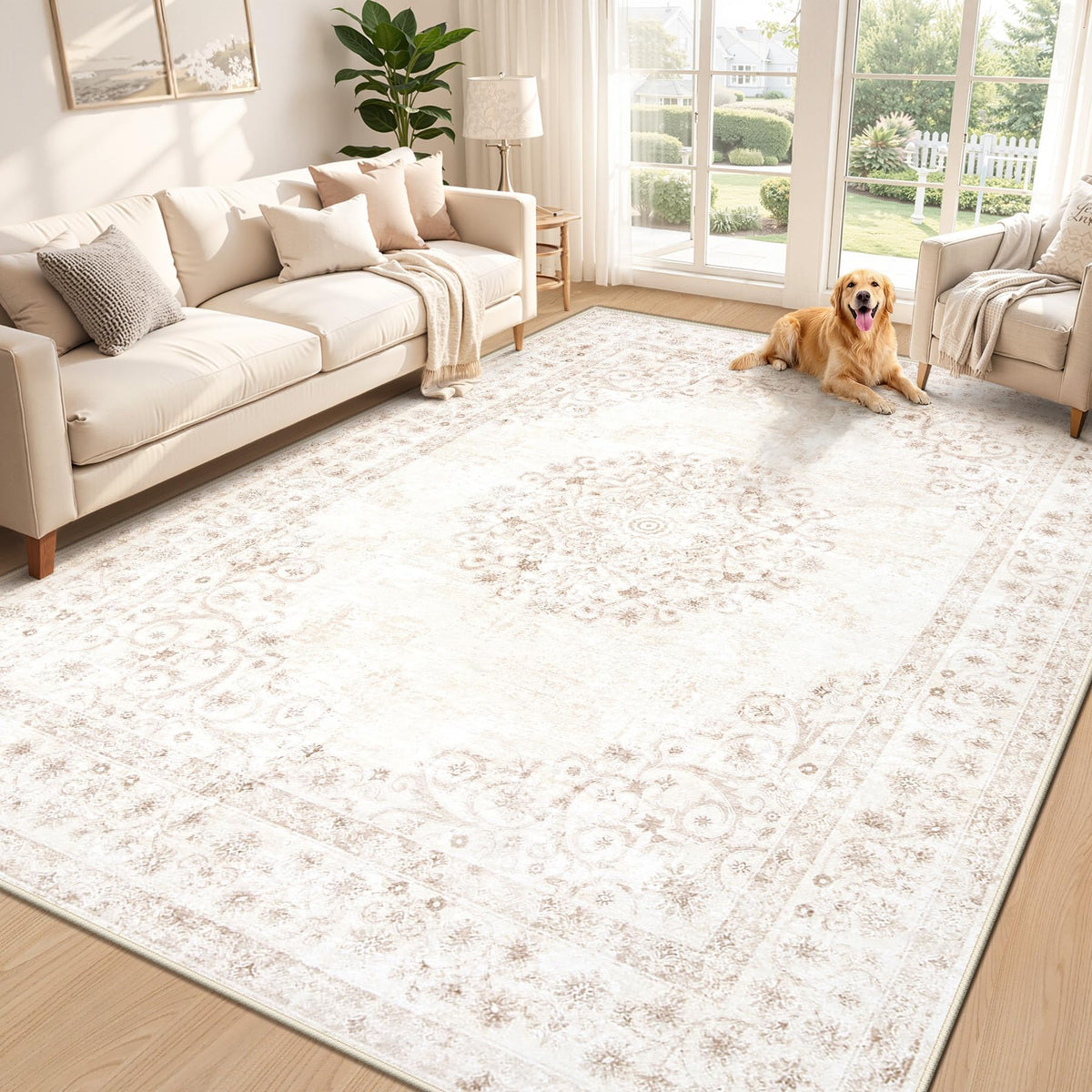 Area Rug 5x7 Vintage Rug: Washable Indoor Medallion Rugs Low Pile Distressed Floor Carpet Retro Accent Rug for Living Room Bedroom Kitchen Dining Table Home Office(Beige, 5'x7')
