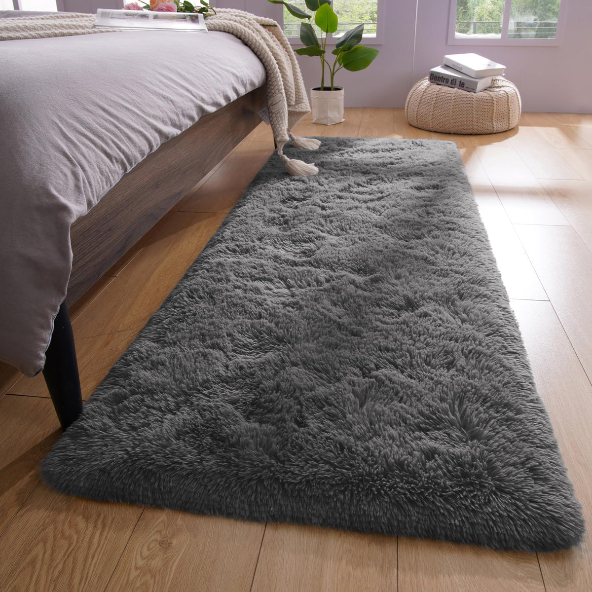YJ.GWL Shag Runner Rug Non Slip for Bedroom Living Room Soft Small Rugs for Dorm, 2x6 Feet Grey Plush Carpet Runner for Nursery Dorm, Fuzzy Bedside Rug for Kids Boys Girls Room Home Decor