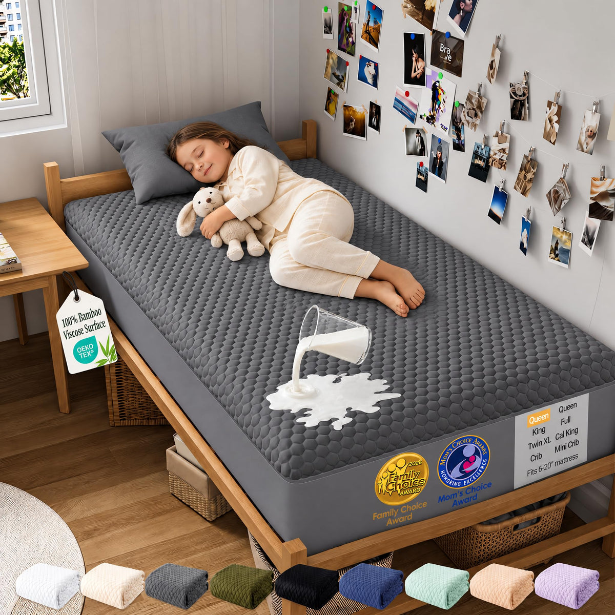 OhGeni Waterproof Mattress Protector,Twin Size Soft Bamboo Viscose Top Layer Pad,3D-Air Fabric Cooling Breathable Fitted Sheets, Washable Bed Cover for Kids Toddler Bedwetting Over 99 Count Hex Bumps