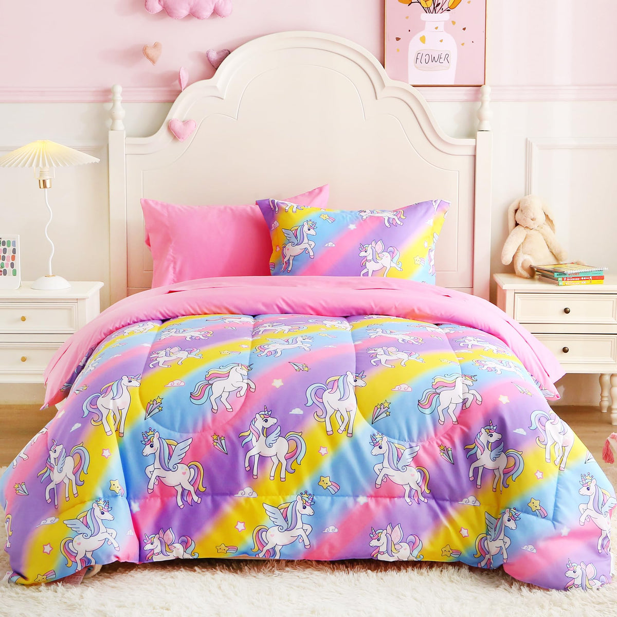 lasoftan Kids' Monster Truck Bedding Set, 7-Piece Soft Fluffy Bed-in-a-Bag with Comforter, Fitted Sheet, Flat Sheet, Pillowcase, Pillow Sham, Deep Pocket 15", All-Season, Monster Jam, Full