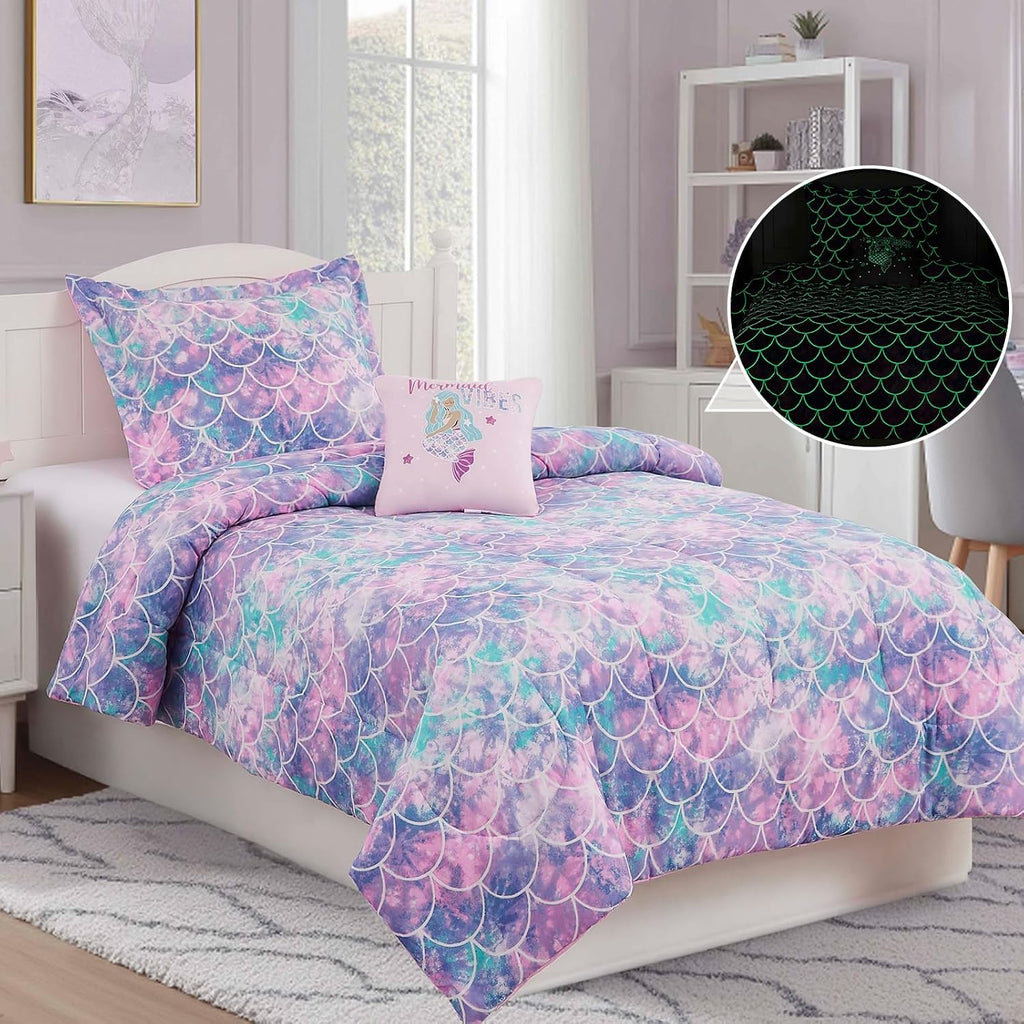 Twin Comforter Set for Girls-3 Pieces Mermaid Glow in the Dark Bedding Sets