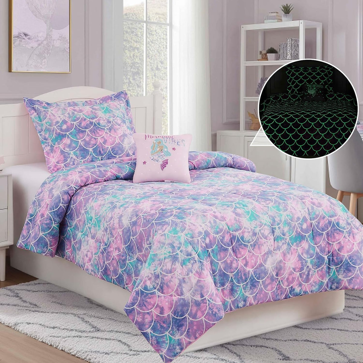 Twin Comforter Set for Girls-3 Pieces Mermaid Glow in the Dark Bedding Sets